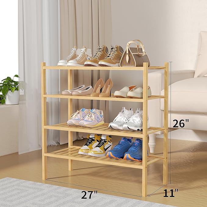4 Tier Bamboo Shoe Rack for Closet Free Standing Wood Shoe Shelf for Entryway Small Space Stackable 27"x11"x26" (Natural)-NeatNest