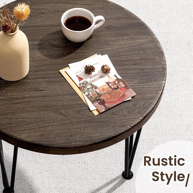 Fun Memories Round Coffee Table - Elm Wood Nesting Table with Metal Legs & Non Slip Feet Base - Rustic Nesting End Tables for Living Room Bedroom - 27.5" D x 27.5" W x 16" H - Walnut Color