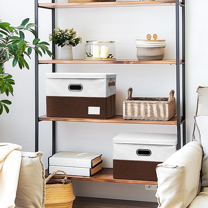 Foldable Fabric Storage Boxes with Lids, Collapsible Versatile Bins Baskets Cubes with Handles for Easy Organization in Closet, Living Room, and Bedroom (Brown & White, 2PCS/15 * 9.8 * 9.8in)-NeatNest
