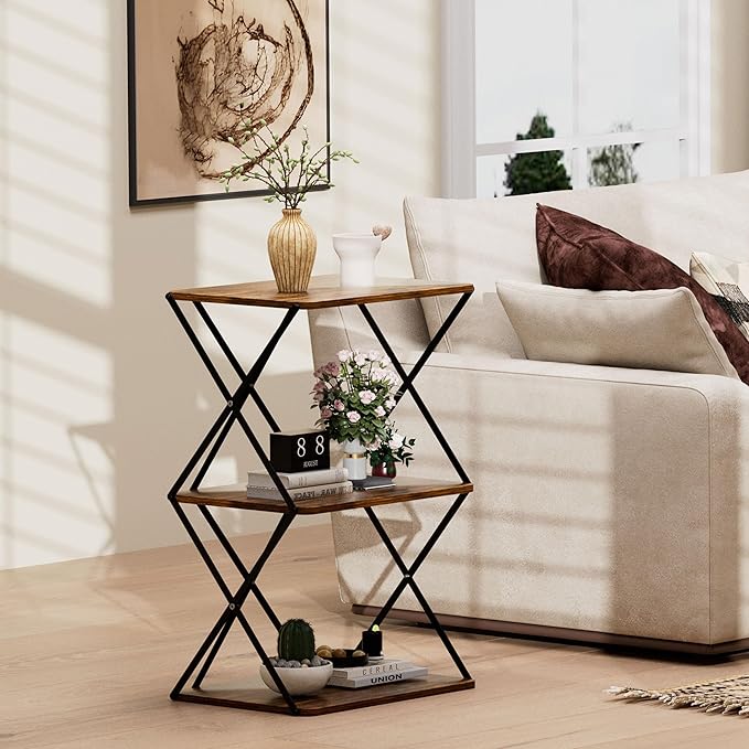 3-Tier End Table Set of 2 Small Side Table Tall Bedside Night Stand with Storage Sofa Side desks for Living Room Bedroom Office Bathroom Small Space Rustic Brown ET-03RB-2