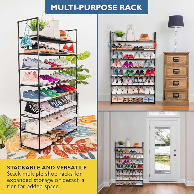 Sundaze Shoe Rack - 8 Tier Shoe Rack for Front Door Entrance, Sturdy Tall Shoe Organizer for Closet, Bedroom, Entryway, Garage, Non Woven Fabric Shelf, Black, Holds Up to 40 Pairs-NeatNest