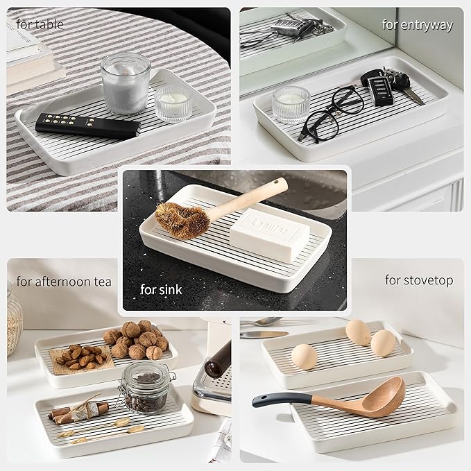 Bathroom Vanity Tray for Countertop,2PC Rectangle Striped Tray,Decorative Bathroom Organizer for Scrubber, Lotion Bottles, Perfume, Jewelry, Candle, Key Trinket Ring(Large,White)-NeatNest