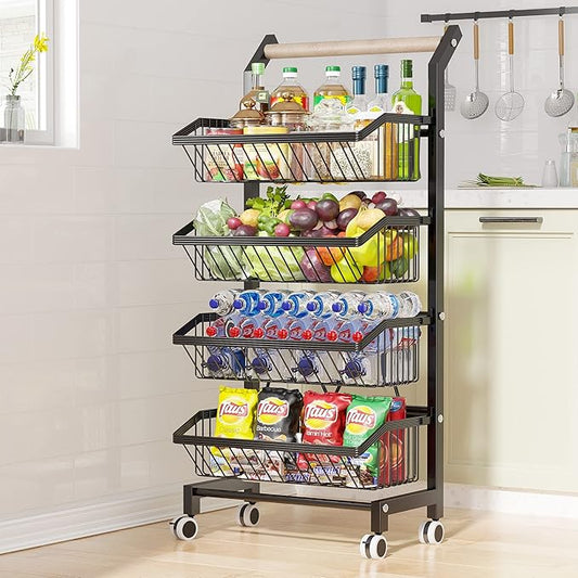 COVAODQ Snack Cart with Wheels 4-Tier Adjustable Fruit Rack Fruit Vegetable Basket Cart Metal Wire Storage Cart Rolling Pantry Utility Kitchen Cart-NeatNest