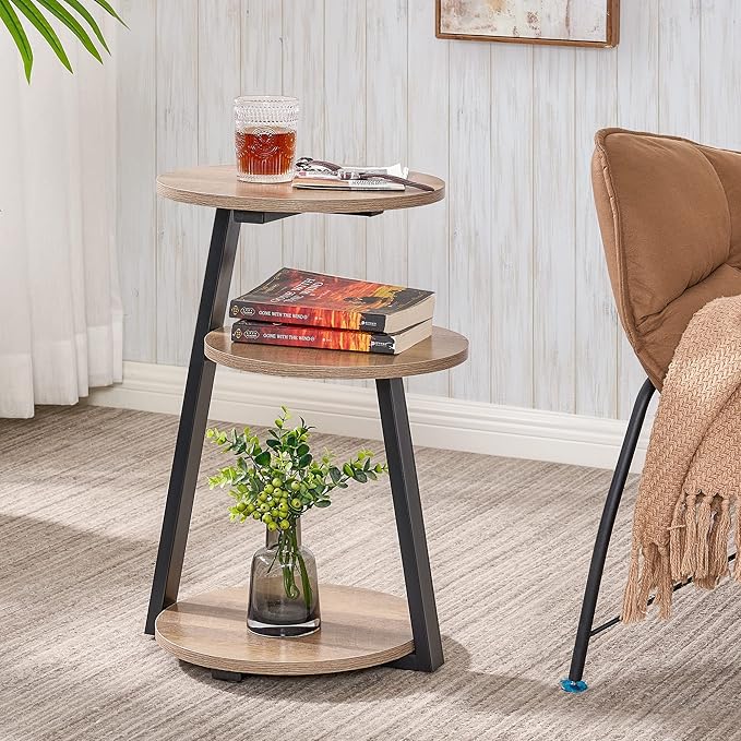 BEWISHOME Round End Table Side Table with Metal Frame, Accent Table Nightstand Bedside Table with 3-Tier Shelves, Small Couch Coffee Table for Living Room Bedroom Greige KTZ41G-NeatNest