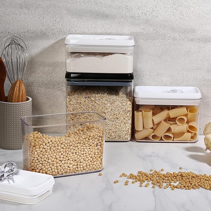 Felli Flip Tite Storage Container with Lid 4” RECTANGULAR Airtight Ring Flip Top, Stackable Kitchen Counter Pantry Organizer Acrylic Canister Jar for Pasta Spaghetti Cereal Granola Coffee (1.9qt)-NeatNest
