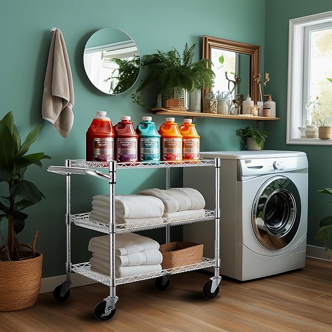 Finnhomy 3 Tier Heavy Duty Commercial Grade Utility Cart, Wire Rolling Cart with Handle Bar, Steel Service Cart with Wheels, Utility Shelf Plant Display Shelf Food Storage Trolley, NSF Listed