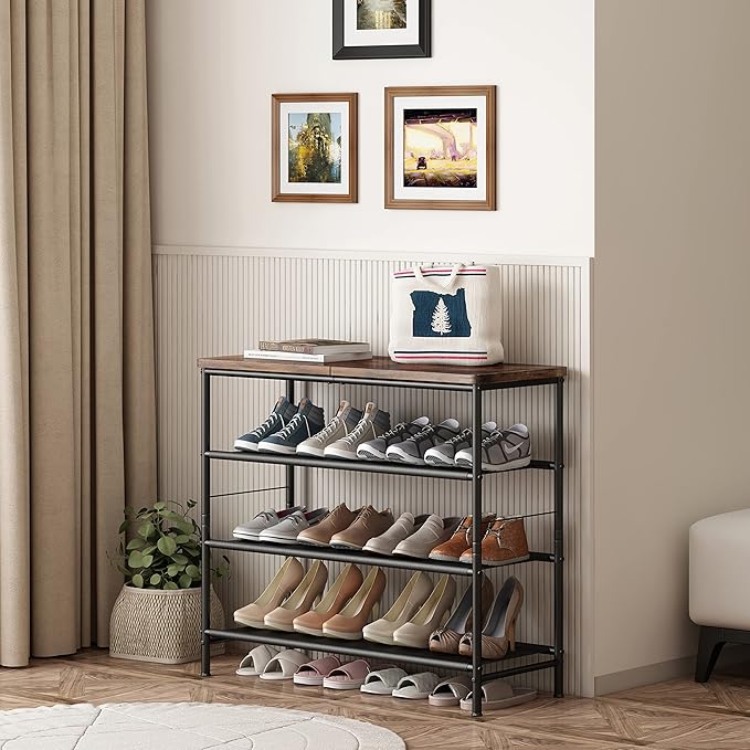 Shoe Rack Organizer 5 Tier Metal Organizer Shelf with Industrial MDF Board and Layer Fabric for Entryway Closet Bedroom Living Room Garage,Black & Rustic Brown (Black+Rustic Brown, 4 Tier)-NeatNest