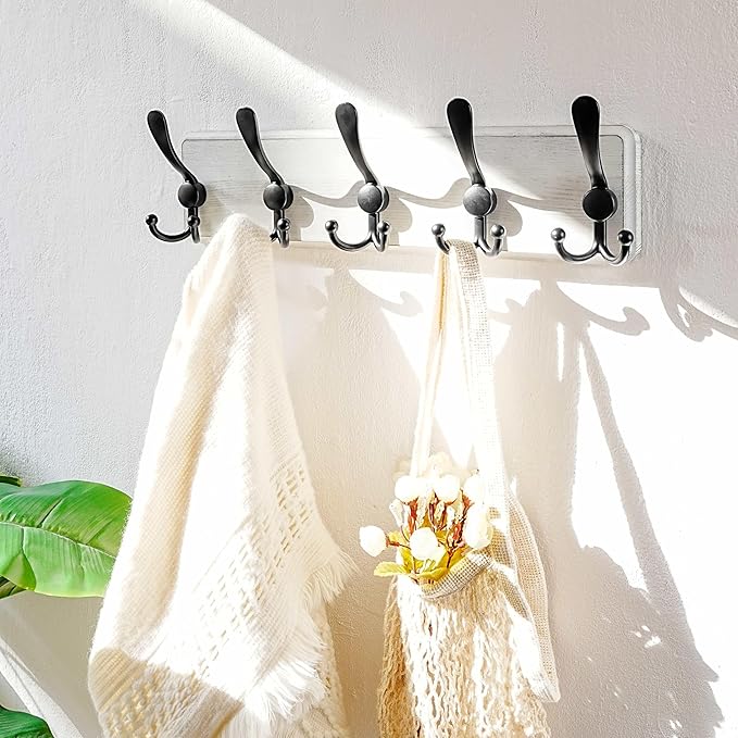 Dseap Coat Rack Wall Mounted - 5 Tri Hooks, Heavy Duty, Wooden Wall Coat Hanger Coat Hook for Clothes Hat Jacket Clothing, White & Black
