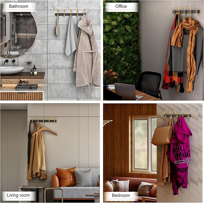 Black and Gold Coat Rack Wall Mounted - 16 Inch Heavy Duty Stainless Steel Matte Finish Wall Hook Rack - 5 Double Coat Hooks for Hanging Towels, Bags, Hat - Bathroom Entryway - 2 Pack-NeatNest