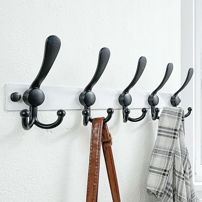 Dseap Coat Rack Wall Mount 2.0 Pro: Heavy Duty 300% Thicker, 16" Stud Mount, Stainless Steel Wall Coat Hooks Hanger for Clothes Jackets Hats Entryway Closet, MaxStrong Series, White & Black