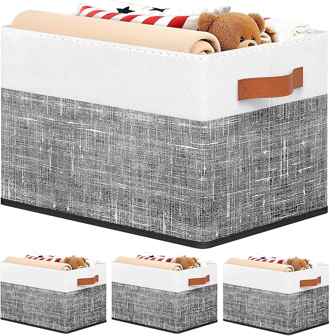 Fab totes Collapsible Storage Baskets for Shelves,14"x10", 4 Pack Foldable Fabric Storage Bins with Double Leather Handles, Large Baskets for Organizing Books, Clothes, White & Black