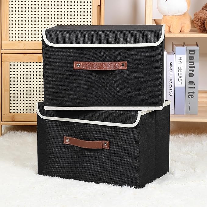 ANMINY 2PCS Storage Bins with Lid PU Leather Handles Storage Boxes PP Plastic Board Decorative Foldable Lidded Cotton Linen Fabric Home Cubes Baskets Closet Organizer Containers - Black, Large Size-NeatNest