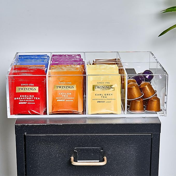 Acrylic Tea Bag Organizer - Clear Tea Storage Box, K Cup Coffee Pods Holder with 8 Compartments, Tea Station Organizer for Countertop, Modern Tea Display Stand-NeatNest