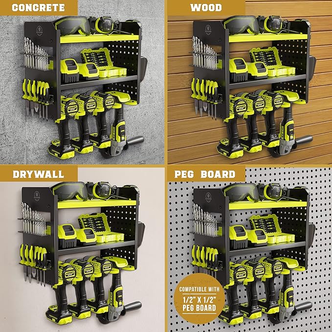 Heavy-Duty Metal Tool Storage Rack - 3-Tier Wall Mount Organizer, Drill Holder, Utility Racks, PegBoard Side, Garage Storage (Green)