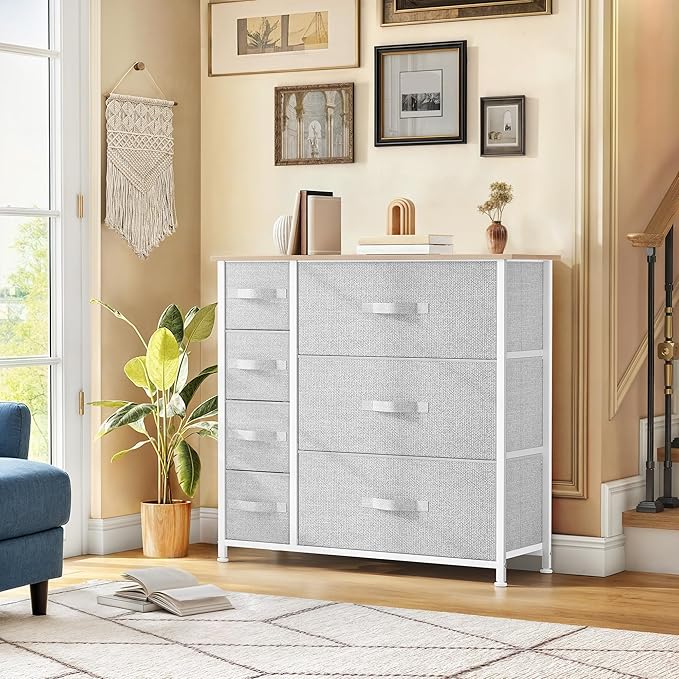 DWVO Dresser for Bedroom, 7 Drawers Fabric Dresser, Organizer Unit for Living Room, Hallway, Closets - Sturdy Steel Frame, Wooden Top & Easy Pull Fabric Bins, Light Gray-NeatNest