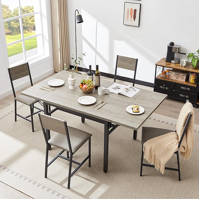 63.2" Folding Dining Table for 4-6 People, Drop Leaf Table with Storage Rack Extendable Kitchen Dinner Table for Small Spaces (Grey)-NeatNest