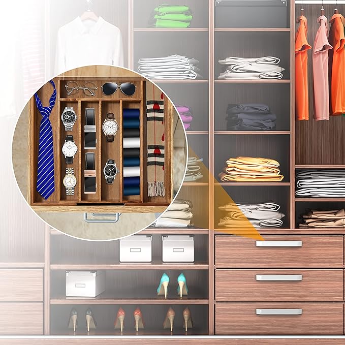 Bellsal Acacia Silverware Organizer Kitchen Drawer Organizer Expandable Bamboo Utensil Holder Cutlery Tray for Kitchen Utensil and Flatware Bedroom Office-NeatNest