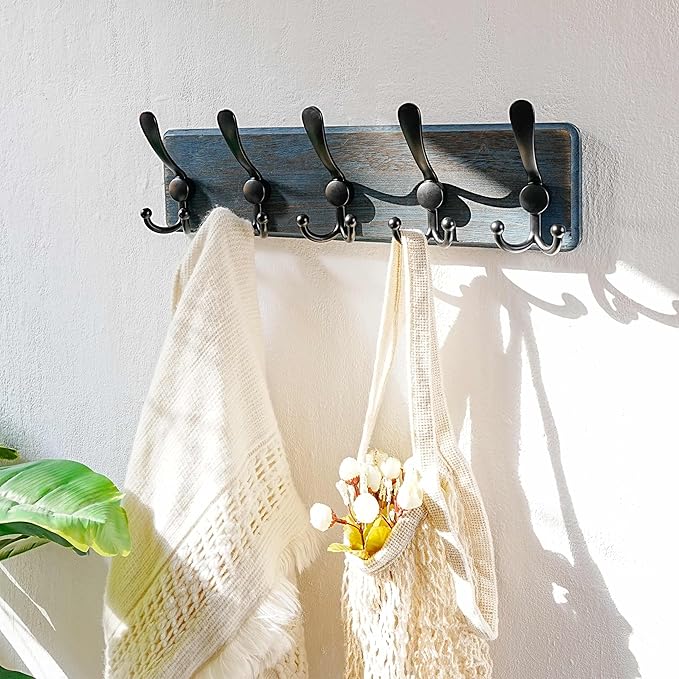 Dseap Coat Rack Wall Mount - Heavy-Duty Robust Barnwood-Style Wooden Wall Coat Hanger Hook Rail with 5 Triple Hooks for Winter Coats Hat Jacket Clothing, Weathered Blue & Black