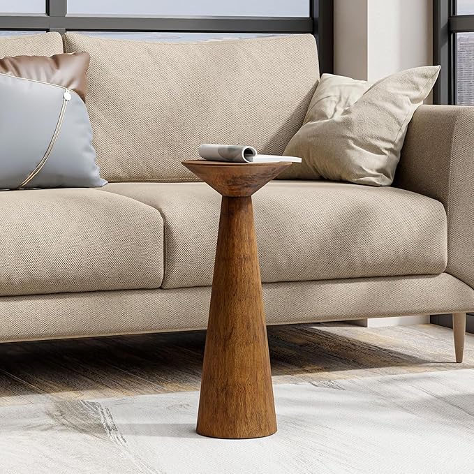 Farmhouse Tall Pedestal End Table Small Solid Wood Martini Table Plant Stand Modern Round Drink Table for Small Space Living Room, Walnut