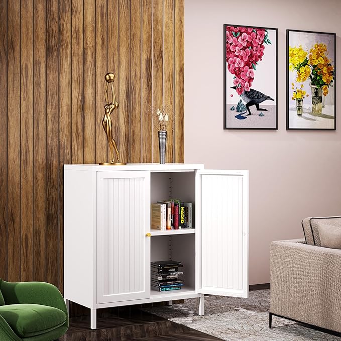 2 Door Metal Accent Cabinet, Small Sideboard, Locker Style Accent Storage Cabinet with Doors and Adjustable Shelves for Home, Office, Living Room, Kitchens (Stripe Door, White)