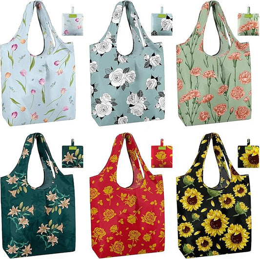 BeeGreen Reusable Grocery Bags 6 Pack, Heavy Duty Totes for Women, Foldable Grocery Bag Large Shopping Totes with Handles for Work, Travel, Gift, Store, Polyester Washable Reusable Tote Bag-NeatNest