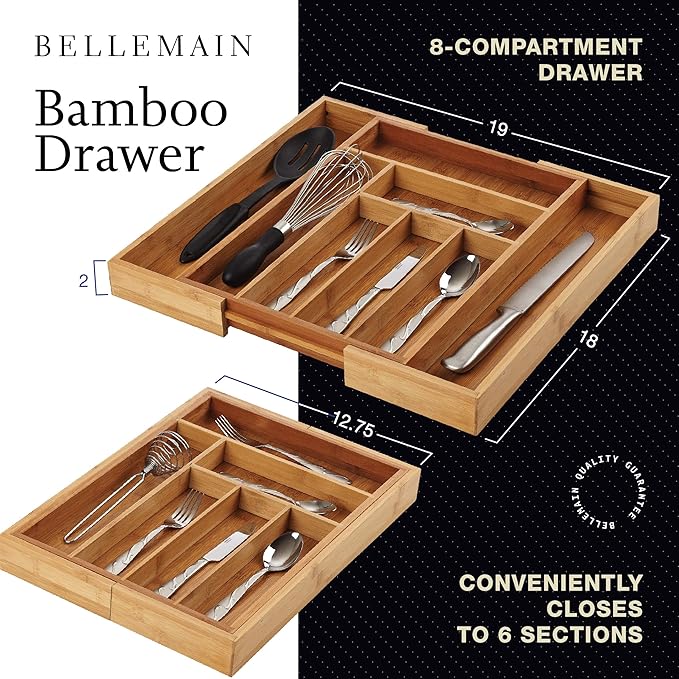Bellemain Expandable Bamboo Drawer Organizer - Large Kitchen Utensil Holder for Cutlery, Silverware, Flatware Storage - Utensil Organizer for Kitchen Drawers, Desk, Junk Drawer Organizer Tray, 8-Slot-NeatNest