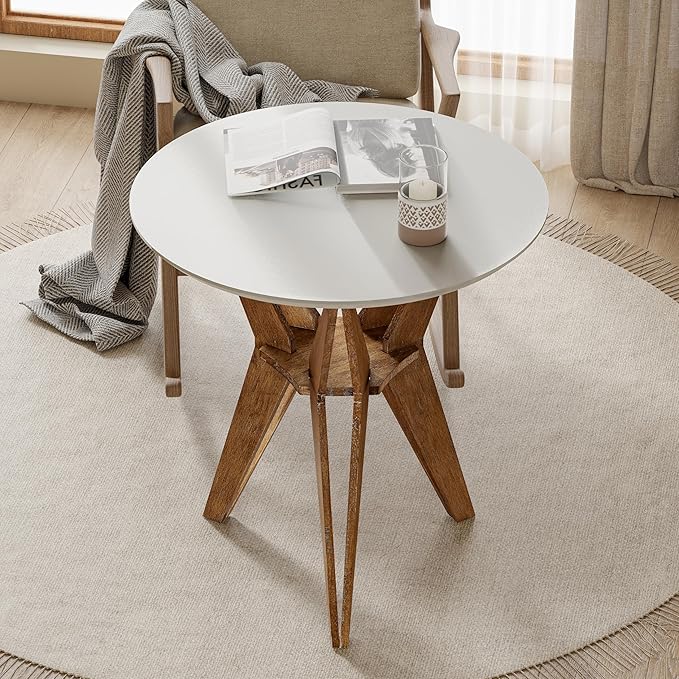 Farmhouse End Table Distressed Wood Side Table with Crisscross Legs and X Legs, Accent Table with White Top and Tripod Base for Living Room, Office, Boho Decor, Modern Rustic, Nature, Round