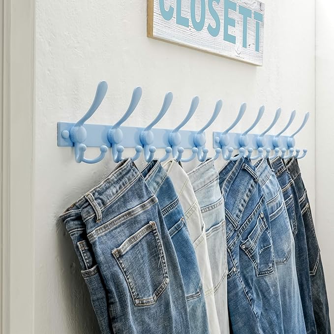 Dseap Coat Rack Wall Mount 2.0 Pro: Heavy Duty 300% Thicker, 16" Stud Mount, Stainless Steel Wall Coat Hooks Hanger for Clothes Jackets Hats Entryway Closet, MaxStrong Series, Blue, Pack of 2