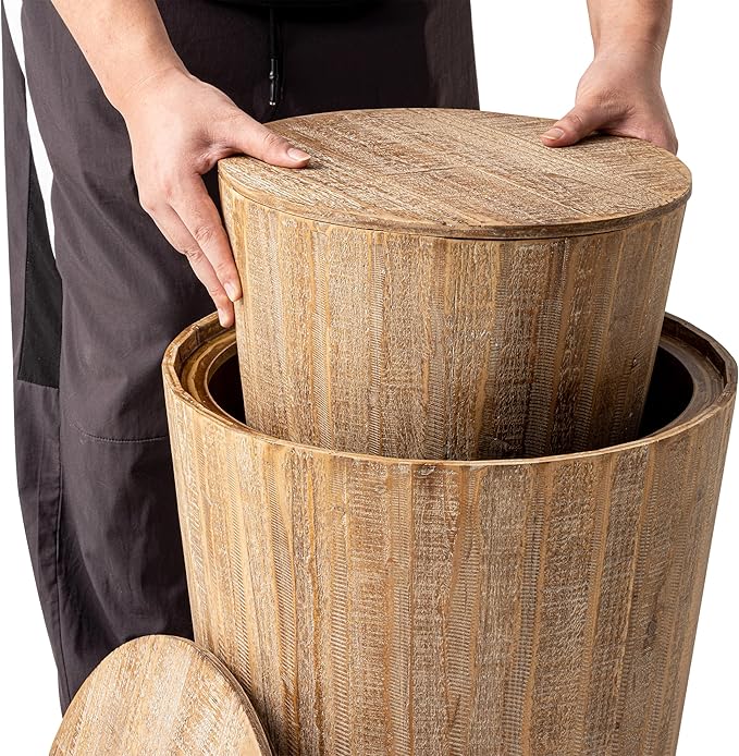 Farmhouse Nesting Barrel Side Table, Rustic Space Saving Storage End Table Set Fully Assembled, Natural Distressed Finish