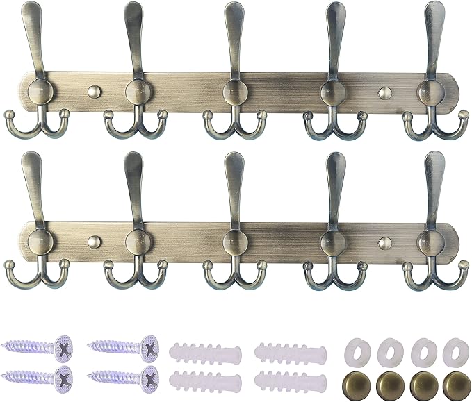 Dseap Wall Mounted Coat Rack - 5 Tri Hooks, Heavy Duty, Stainless Steel, Metal Coat Hook Rail for Coat Hat Towel Purse Robes Mudroom Bathroom Entryway (Bronze, 2 Packs)-NeatNest