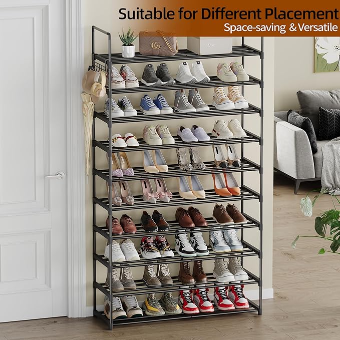 10 Tier Metal Shoe Rack, Tall Shoe Rack for Entryway, Shoe Organizer for Closet, Shoe Storage for Front Door Entrance & Entryway, Large Long Shoe Stand Holder Adjustable Shelf Height-NeatNest