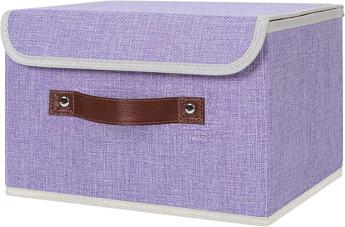 ANMINY 4PCS Storage Bins with Lid PU Leather Handles Storage Boxes PP Plastic Board Decorative Foldable Lidded Cotton Linen Fabric Home Cubes Baskets Closet Organizer Containers - Purple, Small Size-NeatNest