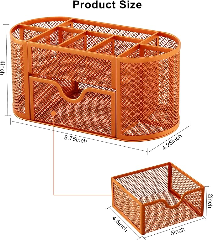 EasyPAG Mesh Desk Organizer, Multi-functional Stationery Organizer for School Supplies, Office Pen Holder for Desk, 9 Compartments Dorm Organization with Drawer, Orange