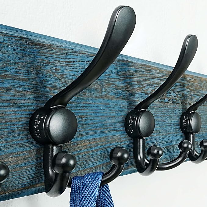 Dseap Coat Rack Wall Mount - Heavy-Duty Robust Barnwood-Style Wooden Wall Coat Hanger Hook Rail with 5 Triple Hooks for Winter Coats Hat Jacket Clothing, Weathered Blue & Black