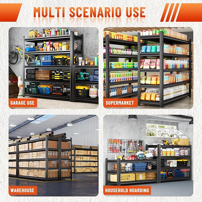 Heavy Duty 5-Tier Shelving Unit 3000LBS Capacity - Adjustable Steel Garage Shelves for Warehouse, Basement Storage(77''H x 39.4''W x 13.8''D)-NeatNest
