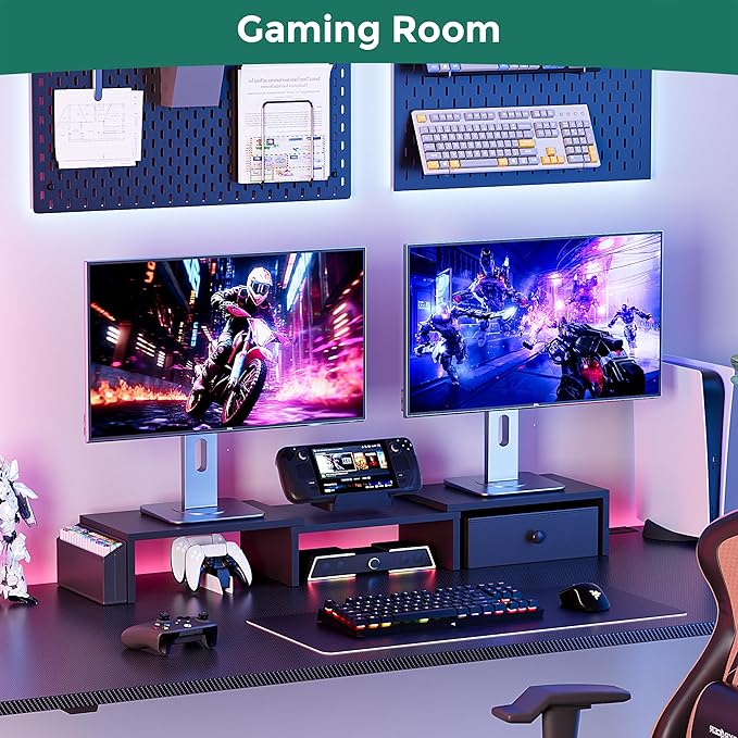 Dual Monitor Stand Riser, Adjustable Length & Swivel Angle Monitor Stand, Ergonomic Monitor Stand with Drawer & Side Pockets, Desktop Organizer and Office Desk Accessories, Black