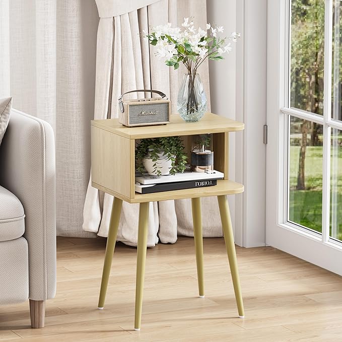 Natural Nightstand Set of 2, Small Bed Side Table for Small Spaces, Mid Century Modern Nightstand End Table with Open Storage, Side Table for Bedroom Living Room, MLBZ20Y-2