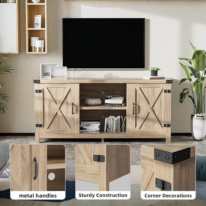 JUMMICO TV Stand, 65 Inch TV Farmhouse Entertainment Center with Double Barn Doors and Storage Cabinets, Console TV Table Media for Living Room, Bedroom (Pale Yellow)-NeatNest