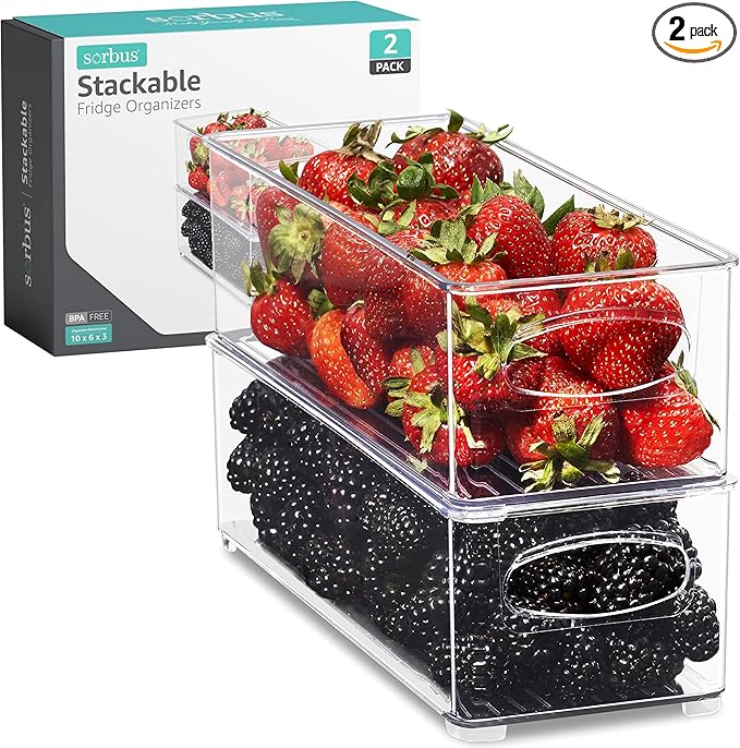 Sorbus Stackable Refrigerator Organizer Bins - Clear Storage Bins for Kitchen Pantry, Freezer & Fridge Organization - Food Organizing Plastic Containers with Handles for Countertops & Drawers (2 Pack)-NeatNest