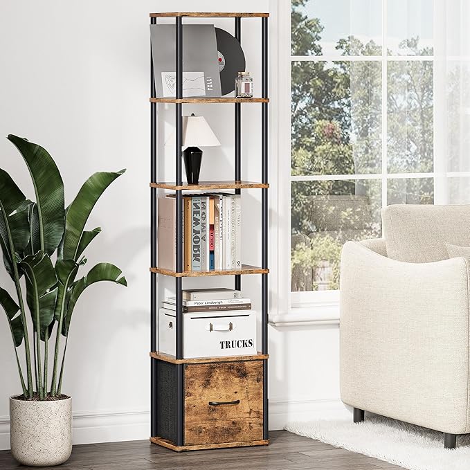 6-Tier Bookshelf with Drawer,Narrow Bookshelves Organizer,Floor Standing Ladder Shelf,Tall Bookcase for Small Space,Book shelf with Storage for Living Room, Bedroom, Office, Study Rustic Brown HBC505R