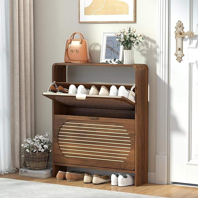 Narrow Shoe Storage Cabinet for Entryway with 2 Flip Drawers, Curved Edge Shoe Cabinet with Arched Stripe Panel, Freestanding Wood Shoe Organizer Closed Shoe Rack for Hallway, Foyer(Walnut)-NeatNest