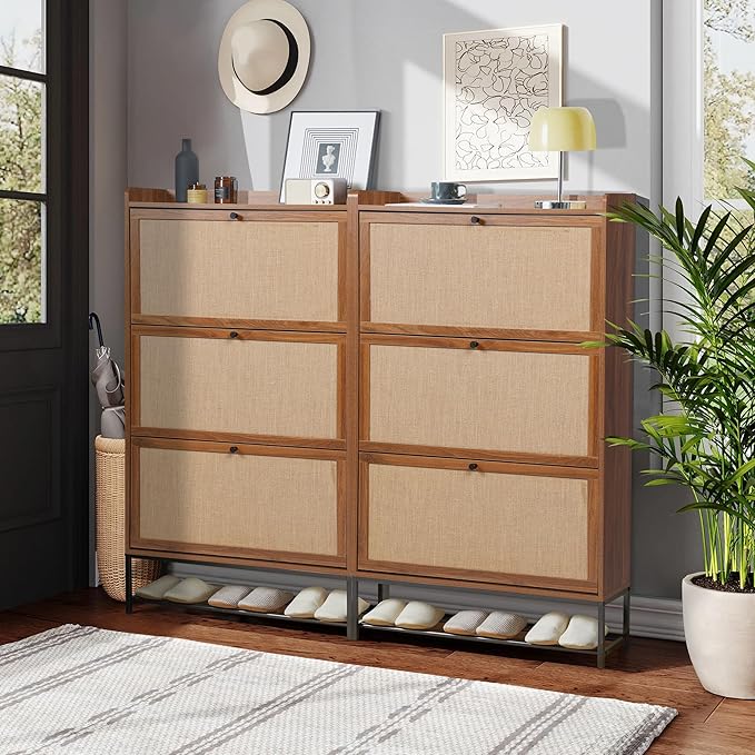 LEVNARY Shoe Storage Cabinet with 3 Flip Drawers, Freestanding Shoe Cabinet Storage Organizer for Entryway, Wooden Narrow Shoe Racks Cabinet with Metal Legs for Hallway (Walnut)-NeatNest