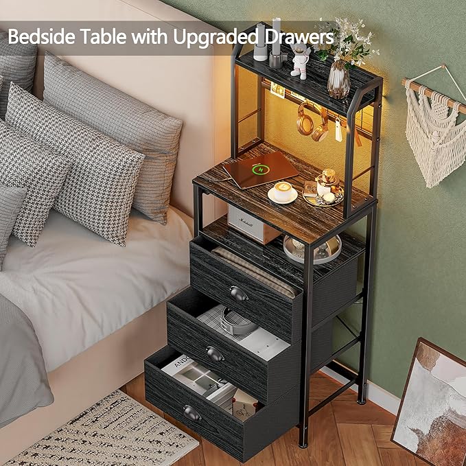 Furologee 44'' Tall Nightstand with Charging Station, Bedside Table with LED Lights, End Table with 3 Drawers and Storage Shelves, Night Stand with Pegboard for Bedroom, Black Oak