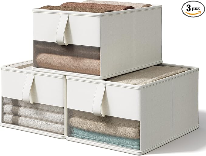Vailando Foldable Storage Bins with Clear Window, Fabric Organizer for Closet, Shelves & Cubes - Breathable, Odor-Free Storage Boxes for Towels, Clothes, Toys, Books - 14.75"x10.25"x8", White, 3-Pack-NeatNest