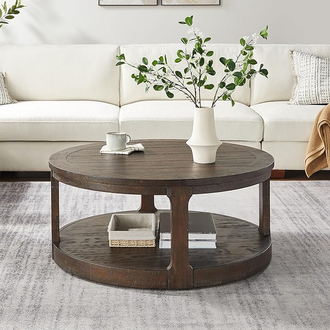 kevinplus 40'' Round Wood Coffee Table Circle Coffee Table with 4 Wheel for Living Room, Modern Retro Farmhouse Style, Easy Assembly, Dark Brown(ø40'' x 17.52'')