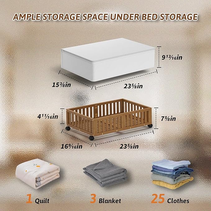 Bamboo Under Bed Storage Containers with Wheels, Rolling Under the Bed Shoe Storage Bins, Wood Stackable Underbed Drawers with Bag Organizer for Bedroom Closet Clothing Under Crib Toy Walnut 1PCS-NeatNest
