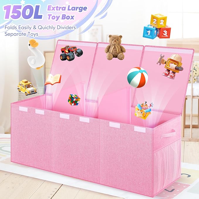 Extra Large Toy Box, Toybox for Kids Boys Girls, Collapsible Sturdy Toy Storage Organizer with Mesh Pockets, 40"x14"x16" Kids Storage Boxes Bins Baskets for Nursery, Playroom, Pink