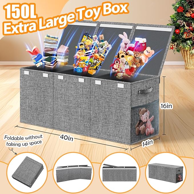 Extra Large Toy Storage Box with Lid Divider, Sturdy Collapsible Toys Organizer Chest Kids Storage Bins Boxes Baskets for Boys, Girls, Nursery, Bedroom, Living Room, Playroom, 40"x14"x16", Gray