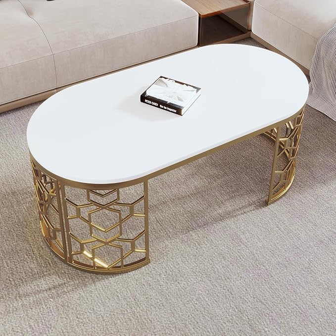 47.2" Modern Oval Coffee Table with Cut-Out Pattern Metal Stainless Steel Frame Multiple End Tables Sofa Table Utility Table for Living Room Office Bedroom Balcony, White & Gold