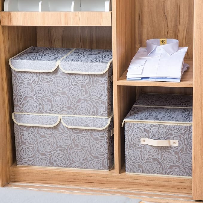 PRANDOM Large Foldable Storage Bins with Lids Fabric Decorative Storage Box Cubes Organizer Containers Baskets with Cover Handles Removable Divider for Home Bedroom Closet 17.3x11.8x9.8 Inch 3 Pack-NeatNest
